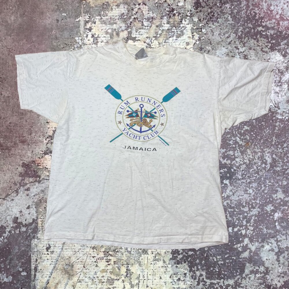 90s Rum Runners Yacht Club Jamaica Boater Beach Vintage White Oneida T-Shirt XL